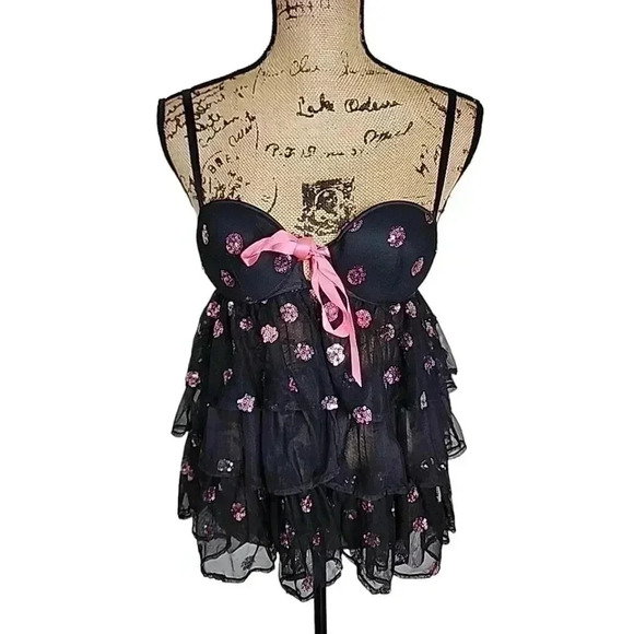 VICTORIA’S Secret Babydoll Slip Black Lace Flirty Sexy Little Thing top. 34 B - Picture 2 of 16